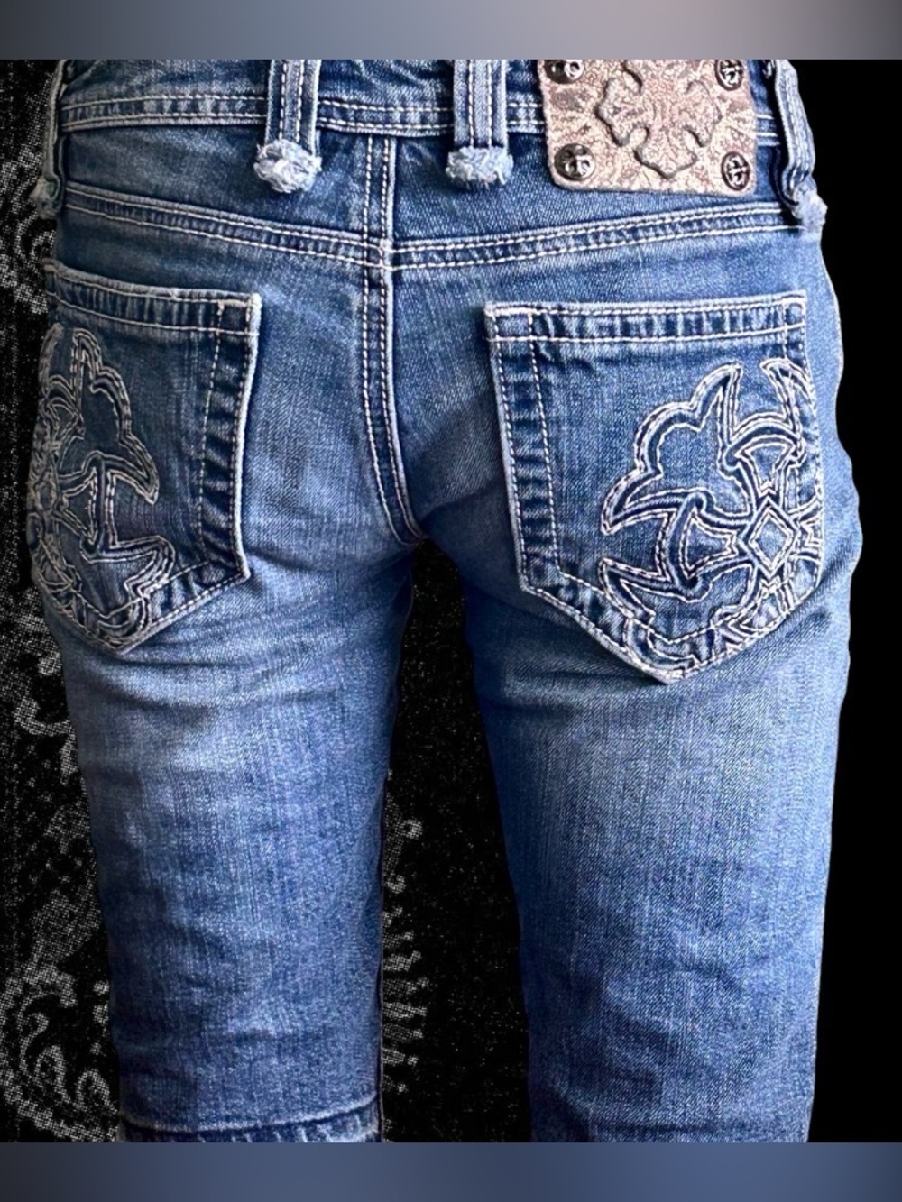 Miss Me Blue Embroidered Capris